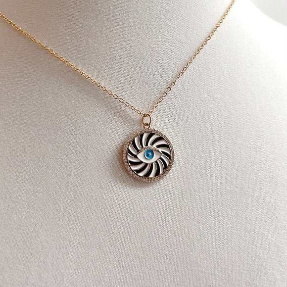 Gold Plated Evil Eye Cubic Zirconia Black White Enamel Charm Pendant Necklace - Picture 2 of 8